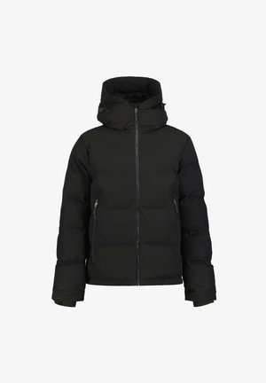Chaqueta negra acolchada con cuello alto, cierre de cremallera, capucha ajustable con cordón y bolsillos laterales con cremallera. Textura de tela suave.