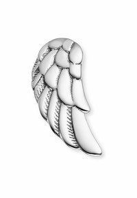 Ciondolo a forma di ala in argento con intricati dettagli che richiamano le piume e una finitura lucida, caratterizzato da una sottile texture e dimensione.