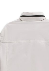 Hellgraue Jacke mit leichtem Glanz, ausgestattet mit einem schwarz gestreiften Kragen, einer Rückenpasse und glatter Textur. Einfaches, minimalistisches Design.