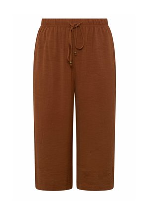 Bruine loszittende cropped broek met elastische tailleband en verstelbare trekkoord met metalen kraalaccenten.