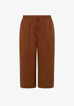 Pantalones cortos marrones de corte amplio con cintura elástica y cordón ajustable con detalles de cuentas metálicas.