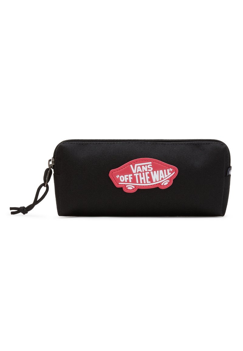 Black canvas pencil case with a red rubber "VANS OFF THE WALL" logo. Features a zip closure and a decorative pull tab on the side.