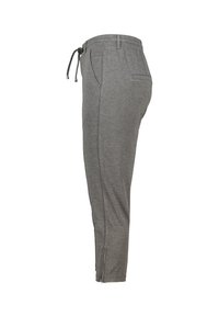 Pantalons de jogging gris en tissu doux, avec une taille à cordon, deux poches latérales et des zips aux chevilles pour un ajustement réglable.