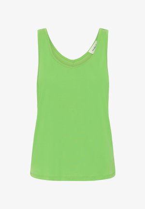 Zeleni top bez rukava s rezanim izrezom i ravnim rubom, s malom bijelom unutarnjom etiketom na desnom ramenu.