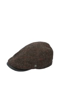 Ruskea tweed-pohjainen lippalakki, jossa on houndstooth-kuvio. Sisältää punaisia korostusviivoja, nahkareunan ja brändätyn metallilogon sivussa.