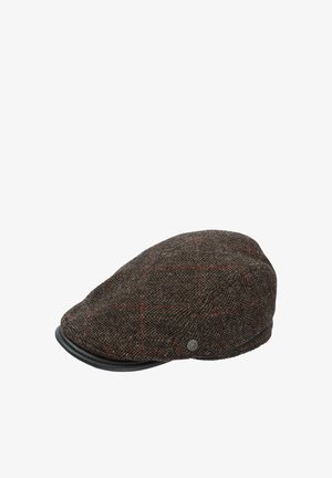 Cappello piatto in tweed marrone con motivo a pied de poule. Presenta linee di accento rosse, un visiera in pelle e un logo metallico con brand sul lato.