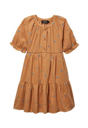 Robe pour tout-petit orange rouille avec manches bouffantes, jupe froncée, devant boutonné, décorée de petites fleurs bleues et jaunes et d'abeilles.