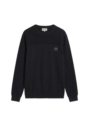 Jersey negro de manga larga con cuello redondo, pecho y mangas acanalados, bajo elástico y pequeña etiqueta cuadrada con logo en el pecho izquierdo.