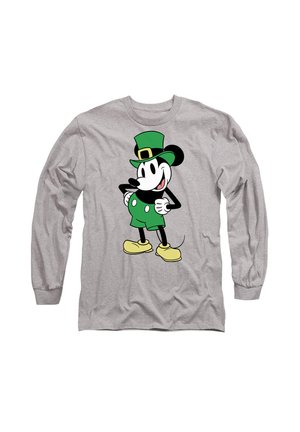 Gray long-sleeve shirt featuring a cartoon character with a black head, white face, green hat, and green shorts, with yellow shoes.