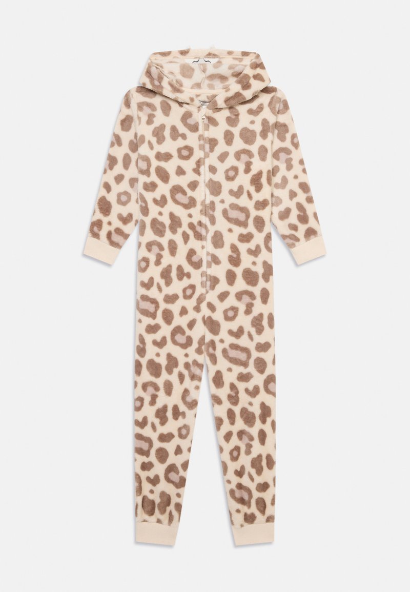 Mjuk beige och brun leopardmönstrad fleecedress med långa ärmar, dragkedja fram, huva och mudd på ärmar och anklar.