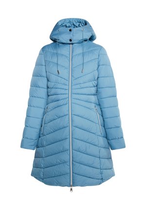 Világoskék bélelt parkamellény kapucnival, elöl cipzárral, két cipzáros oldalzsebbel és chevron steppelt mintával az egész felületen.