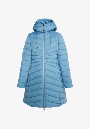 Világoskék bélelt parkamellény kapucnival, elöl cipzárral, két cipzáros oldalzsebbel és chevron steppelt mintával az egész felületen.