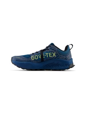Blue Gore-Tex running shoe with black laces, textured sole, and a pull tab on the heel, shown from the side on a white background.
