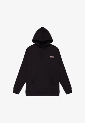 Sudadera negra con capucha, que presenta un bolsillo canguro en la parte frontal, capucha ajustable con cordones y un pequeño parche con logo en el lado izquierdo del pecho. Material de algodón suave.