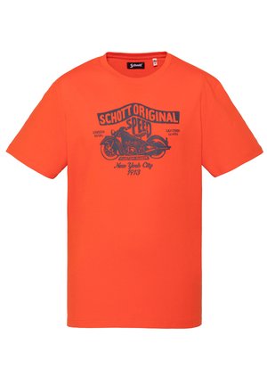 T-shirt à manches courtes orange vif avec un graphisme moto vintage bleu marine et le texte "Schott Original Speed, Custom Rider, New York City 1913."