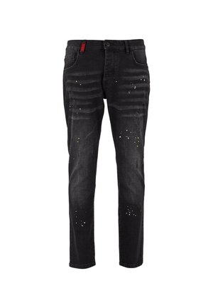 Sorte denim bukser med slim fit, som har slidte områder og detaljer med gul og hvit maling. Klassisk fem-lomme design.