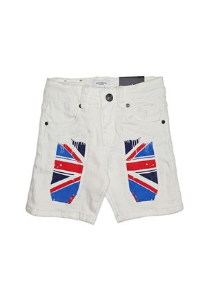 Shorts di jeans bianchi con tasche anteriori che presentano il design della bandiera del Regno Unito in rosso, blu e bianco.