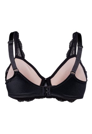 Schwarzer, gepolsterter BH mit Spitzenbesatz, verstellbaren Trägern und Rückenverschluss mit Haken und Ösen, von innen gezeigt.