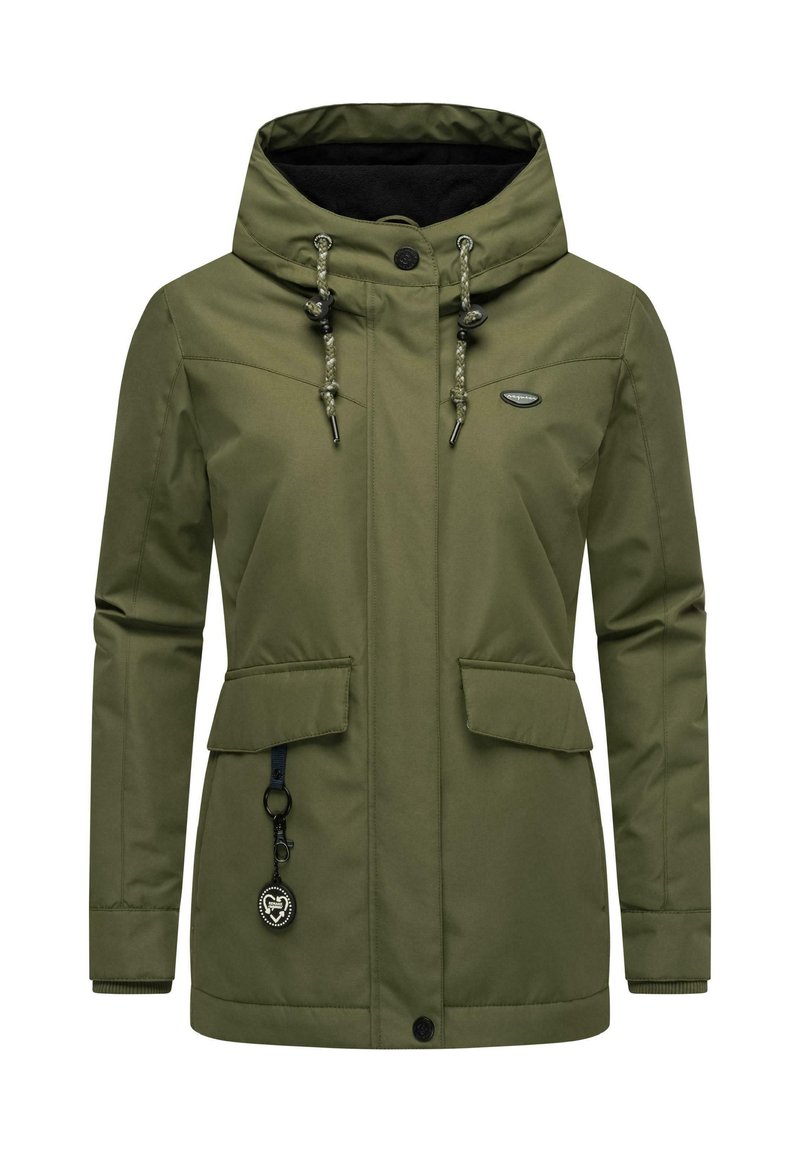Olive green waterproof jacket with a high collar, two front pockets, drawstring hood, and a badge detail on the left side.
