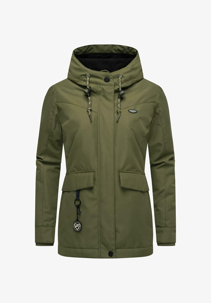Olive green waterproof jacket with a high collar, two front pockets, drawstring hood, and a badge detail on the left side.