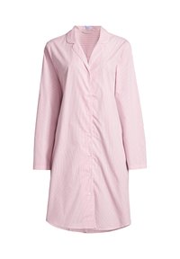 Camicia da notte rosa chiaro a maniche lunghe con bottoni frontali, colletto e sottili righe verticali; tessuto morbido con una vestibilità rilassata.