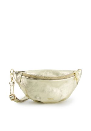 Heuptasje van metallic goud leer met ritssluiting, verstelbare riem en "VENEZIA"-logo middenvoor.