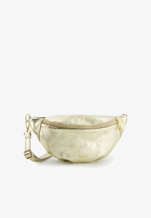 Heuptasje van metallic goud leer met ritssluiting, verstelbare riem en "VENEZIA"-logo middenvoor.