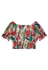 Cropped blouse floreale con design off-shoulder. Presenta motivi vivaci in rosa, arancione e verde su uno sfondo chiaro. Vita smock con texture.