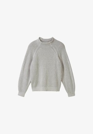 Harmaa ribbikuvioinen neule, jossa on korkea kaulus ja raglan-hihat. Pehmeä materiaali, istuvat resorit ja rento leikkaus. Ei erottuvia kuvioita tai korostuksia.