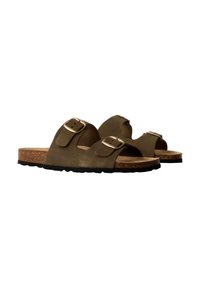 Brune korksål sandaler med to justerbare stropper, metalspænder og en blød struktureret overdel. Letvægtsdesign velegnet til afslappet brug.