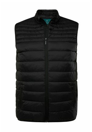 Gilet insulated noir avec une fermeture éclair à l'avant, doté d'un col haut, d'un design matelassé et de deux poches latérales zippées. Texture de tissu lisse.