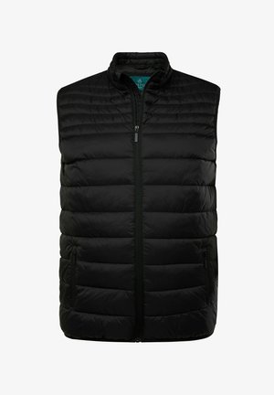 Gilet isolante nero con zip frontale, dotato di alta collo, design trapuntato e due tasche laterali con zip. Tessuto dalla superficie liscia.