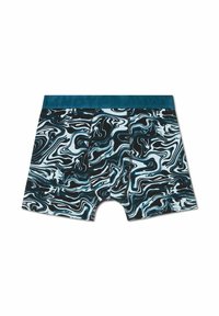 Svart och turkos marmormönstrade boxershorts med en enfärgad turkos midja och sömmar, tillverkade av elastiskt tyg för komfort.