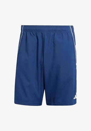 Pantaloncini sportivi blu con strisce laterali bianche, vita elastica e logo Adidas sulla parte inferiore della gamba destra.