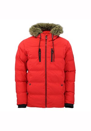 Chaqueta acolchada roja con capucha de pelaje sintético, detalles en negro en la cremallera y puños acanalados. Cuenta con dos bolsillos en el pecho con cremallera y una textura de tela suave.
