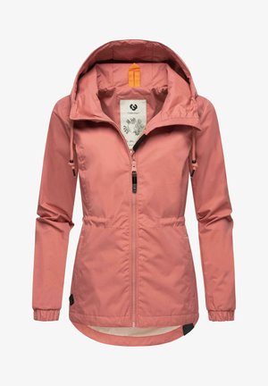 Rosa vandtæt jakke med hætte, snoreliv, elastiske manchetter og lynlåslukning foran. Har et indvendigt mærke med blomsterdesign.