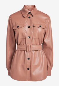 Pink leather shirt jacket with long sleeves, chest pockets, and a belted waist. Features black buttons and a collared neckline.