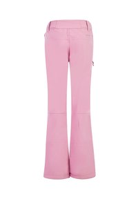 Ružové softshell nohavice s rozšíreným strihom, s elastickým pásom, prešitými detailami a bočnou zipsovou kapsou. Hladká textúra, univerzálny štýl.