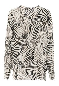 Koszula z długim rękawem z wirującym wzorem w czarno-białe pasy zebry, wykonana z lekkiego materiału o luźnym kroju.