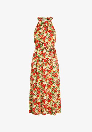 Ärmelloses Maxikleid mit Neckholder, rotem und grünem Blumenmuster, tailliert und seitlicher Schleifendetail auf hellbeigem Hintergrund.