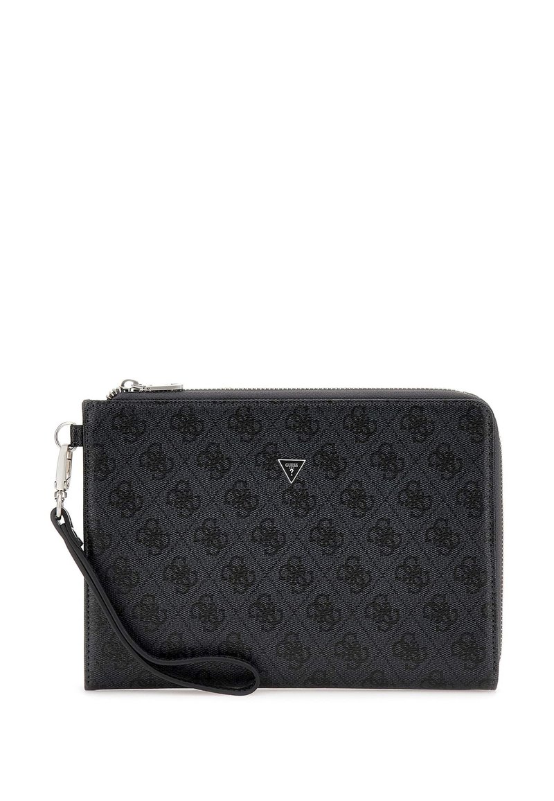 Black zippered wallet featuring a textured pattern, wrist strap, and logo detail. Made from durable material with a rectangular shape.