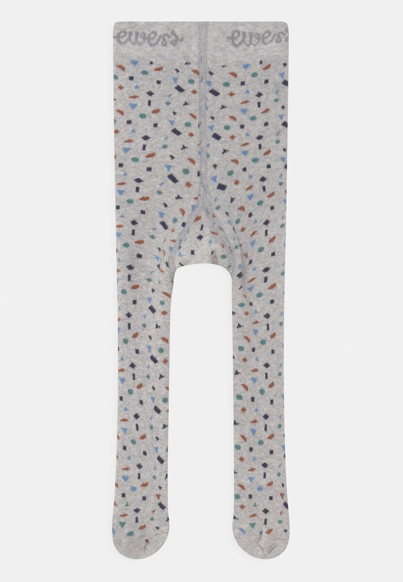 Gray tights with a speckled pattern in colors including blue, orange, and black. Made from a soft textile, with a snug fit and elastic waistband.