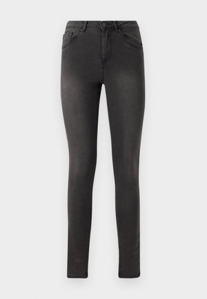 Čierne úzke džínsy s hladkou denim textúrou, dizajnom s piatimi vreckami a kovovým zapínaním na gume v páse.