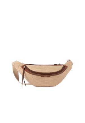 Sac banane beige en tissu tressé avec une fermeture éclair marron, une sangle réglable et un petit logo doré "Lancaster Paris" au centre avant.