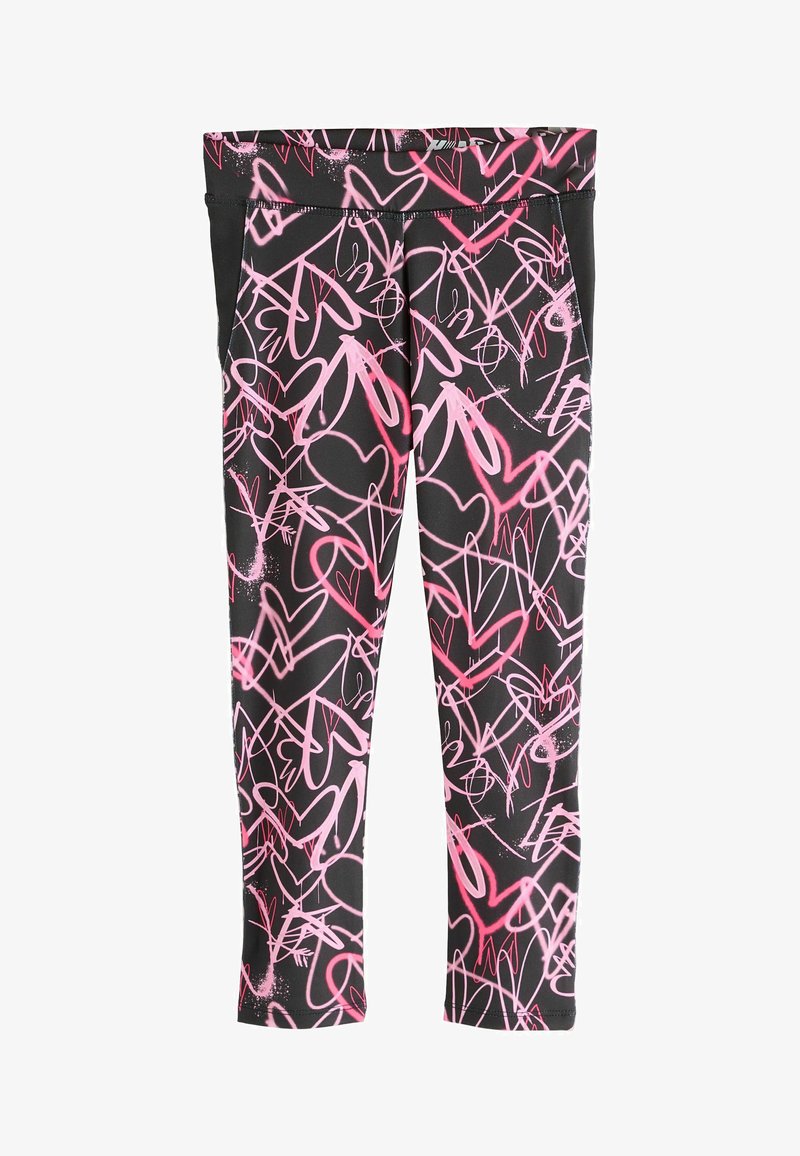 Schwarze Leggings mit einem pinken Graffiti-Muster aus sich überlappenden Herzen und abstrakten Linien.