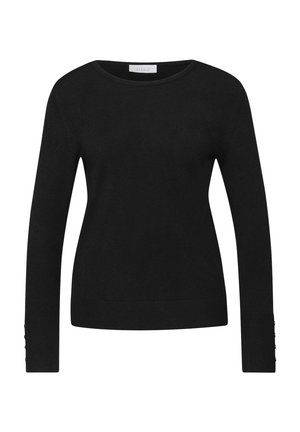 Pull noir en maille avec un col rond, des manches longues et des boutons décoratifs aux poignets. Texture douce et coupe ajustée.