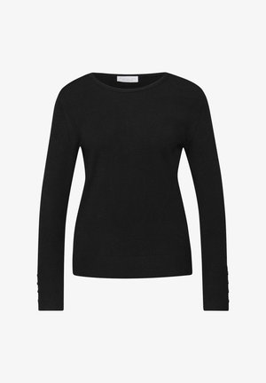 Pull noir en maille avec un col rond, des manches longues et des boutons décoratifs aux poignets. Texture douce et coupe ajustée.