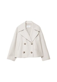 White wool blend jacket with a wide lapel, double-breasted design, large buttons, and side pockets. Cropped silhouette with a soft texture.