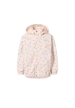 Giacca antipioggia per bambini con cappuccio rosa chiaro con piccoli motivi a cuori multicolori, polsini elasticizzati, chiusura frontale con cerniera e bottoni a pressione.
