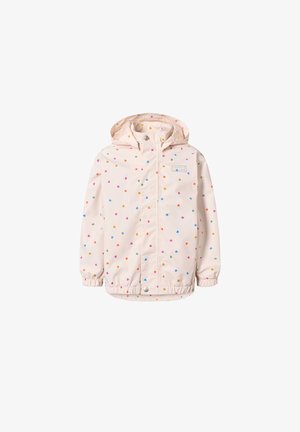 Giacca antipioggia per bambini con cappuccio rosa chiaro con piccoli motivi a cuori multicolori, polsini elasticizzati, chiusura frontale con cerniera e bottoni a pressione.